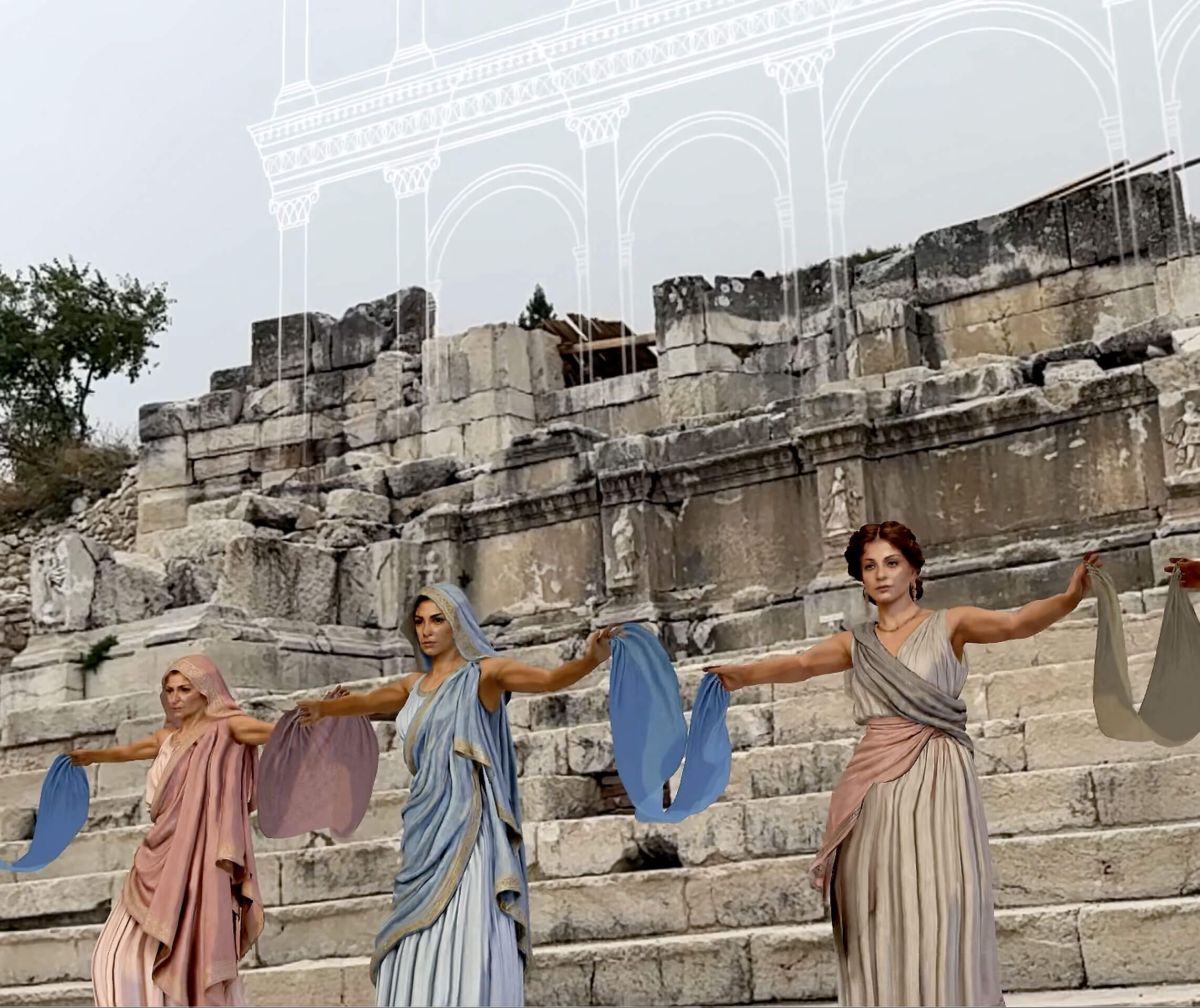 A 3D-captured dancer in a linen chiton turning on the stone steps of an ancient theatre, her skirt overlaid with the pink and green mesh of a cloth simulation.